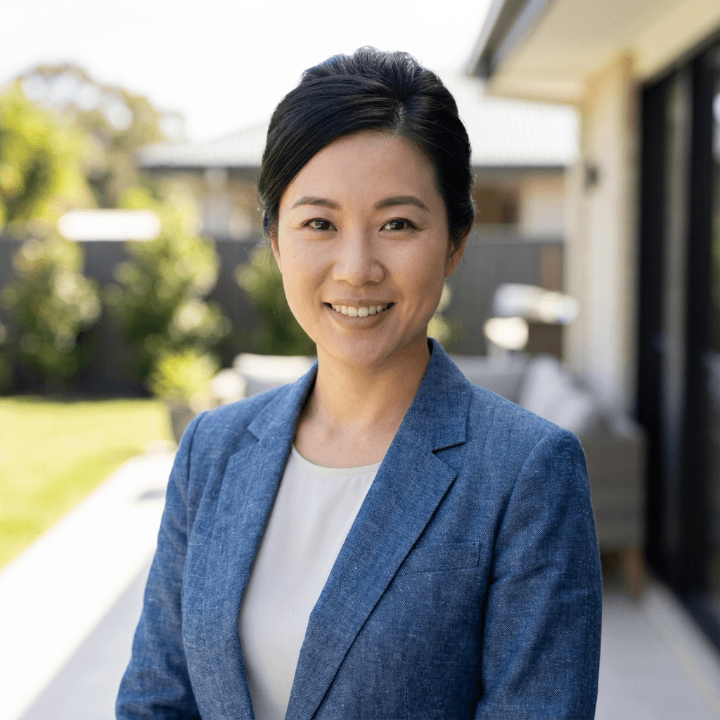 Female property manager in her late 30s in front of a commercial fence