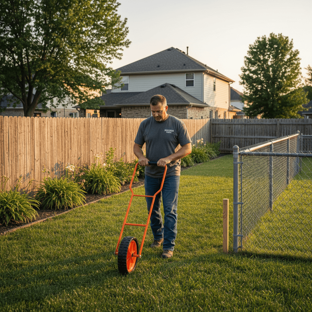 Fence contractor using measuring wheel in backyard