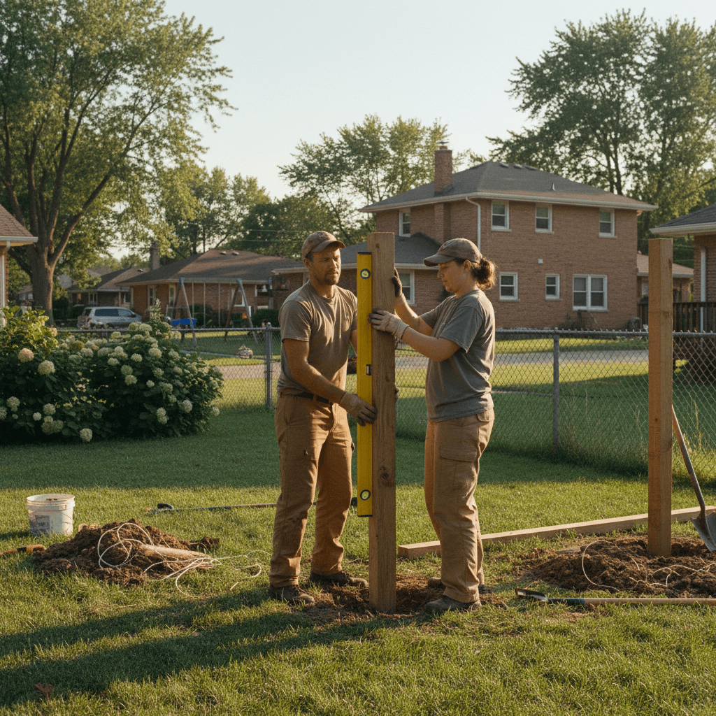 Fence crew setting a wooden post in a residential backyard