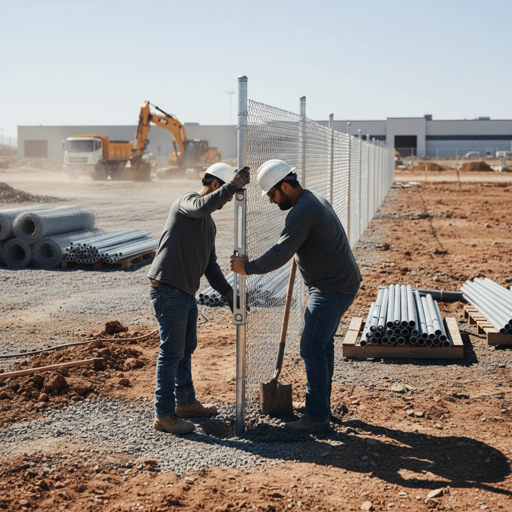 Workers setting a steel chain link fence post into a concrete footing