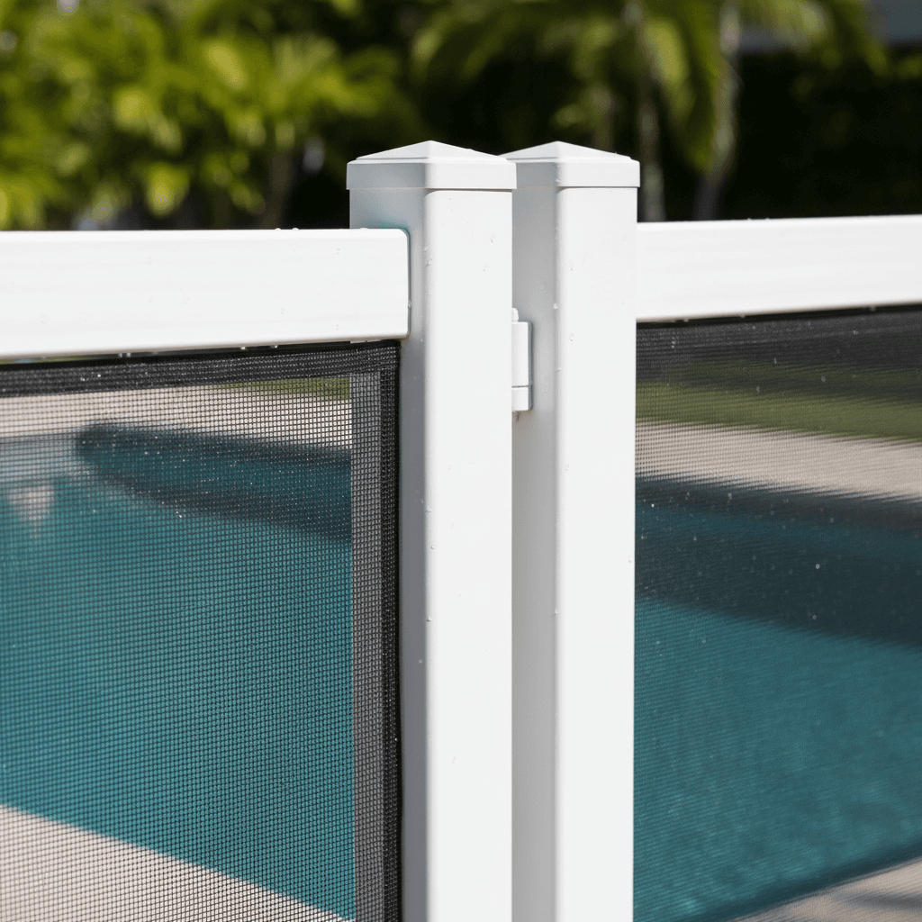 White vinyl pool fence with black mesh