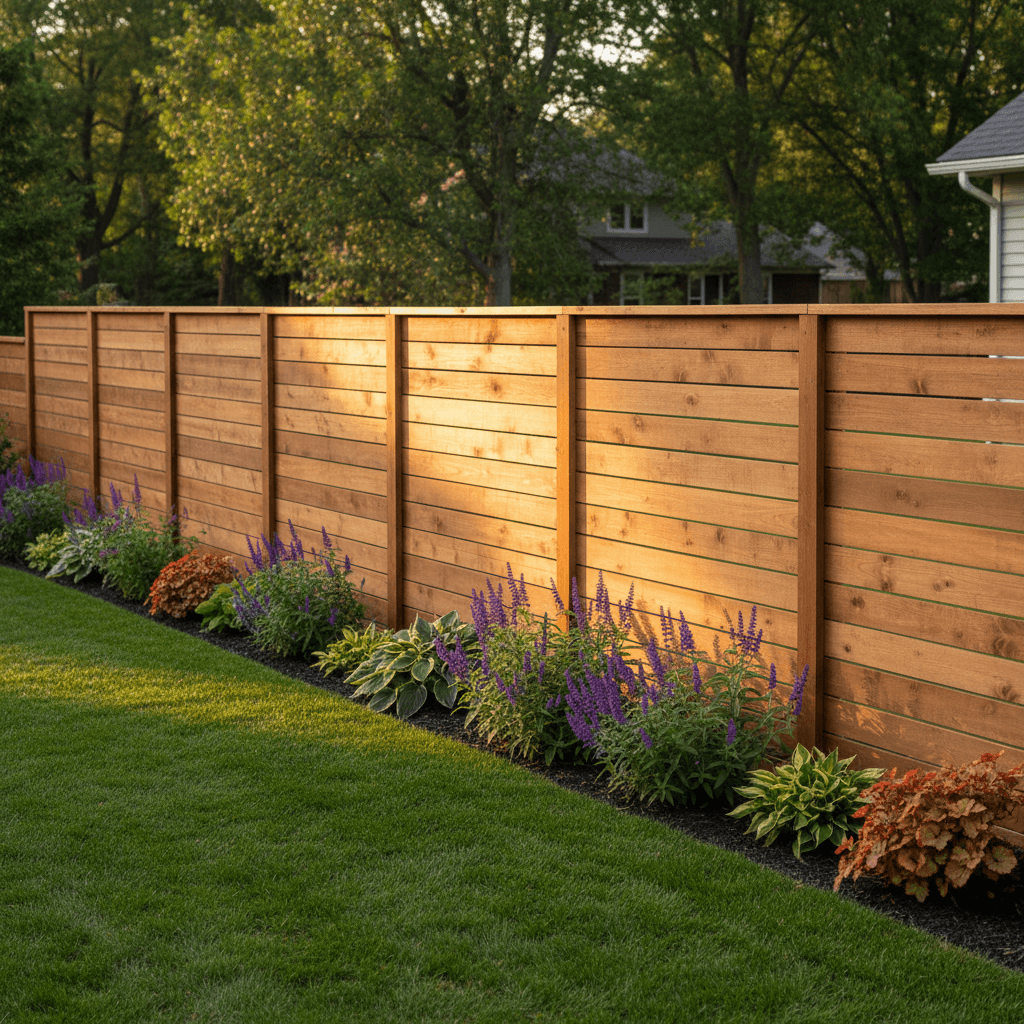 Custom wood privacy fence with horizontal slats