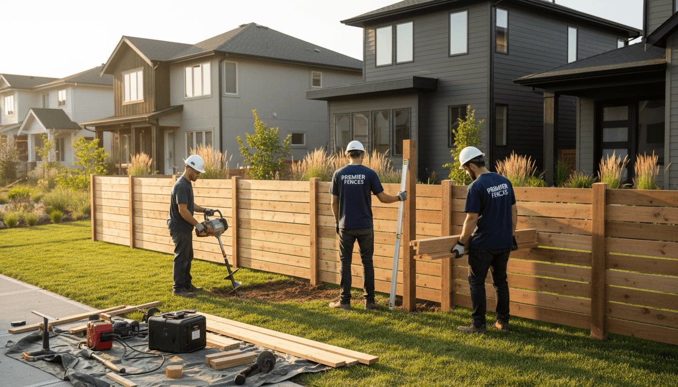 Fence installation crew working in a residential neighborhood with modern houses.