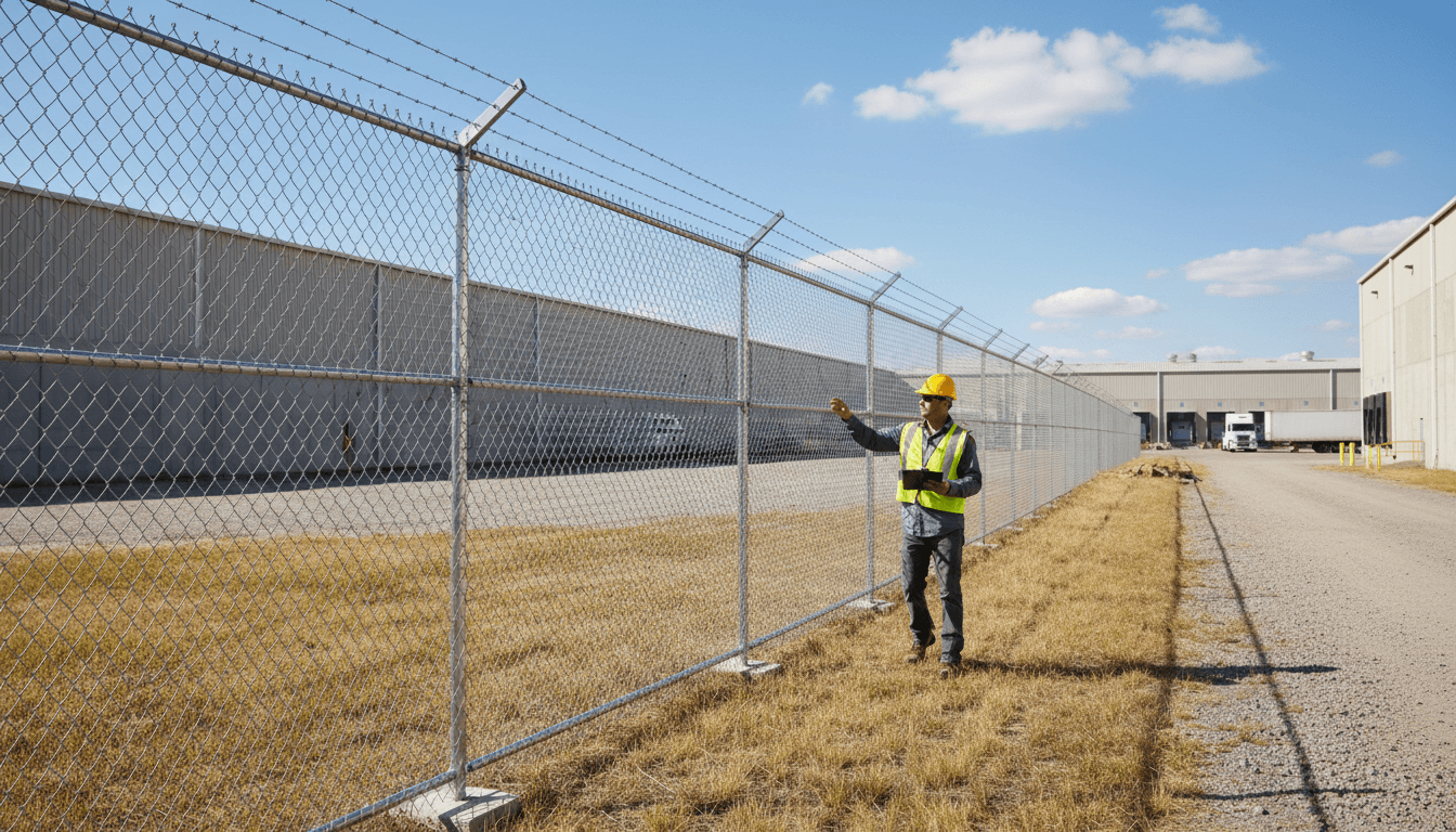 Commercial metal fence installed around an industrial property with a contractor inspecting the fence line