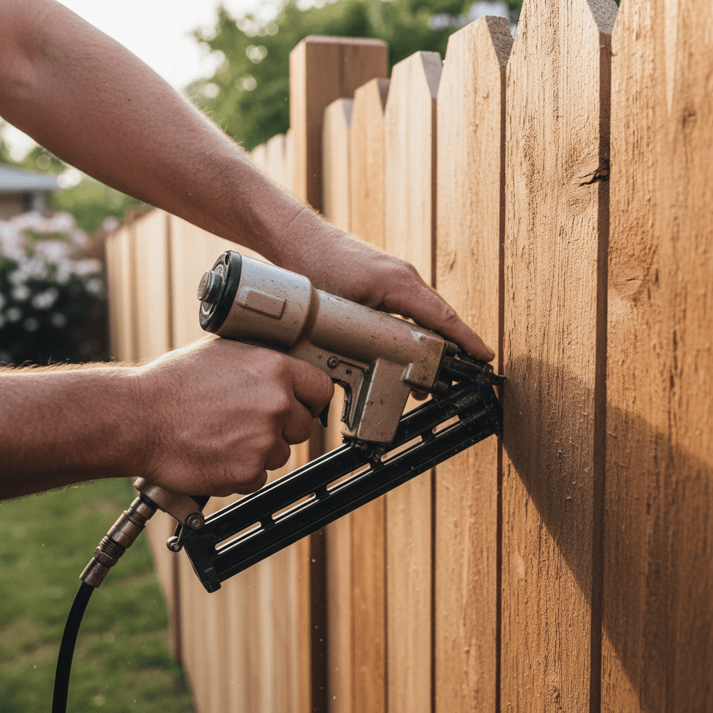 Close-up of hands securing a cedar fence picket with a nail gun