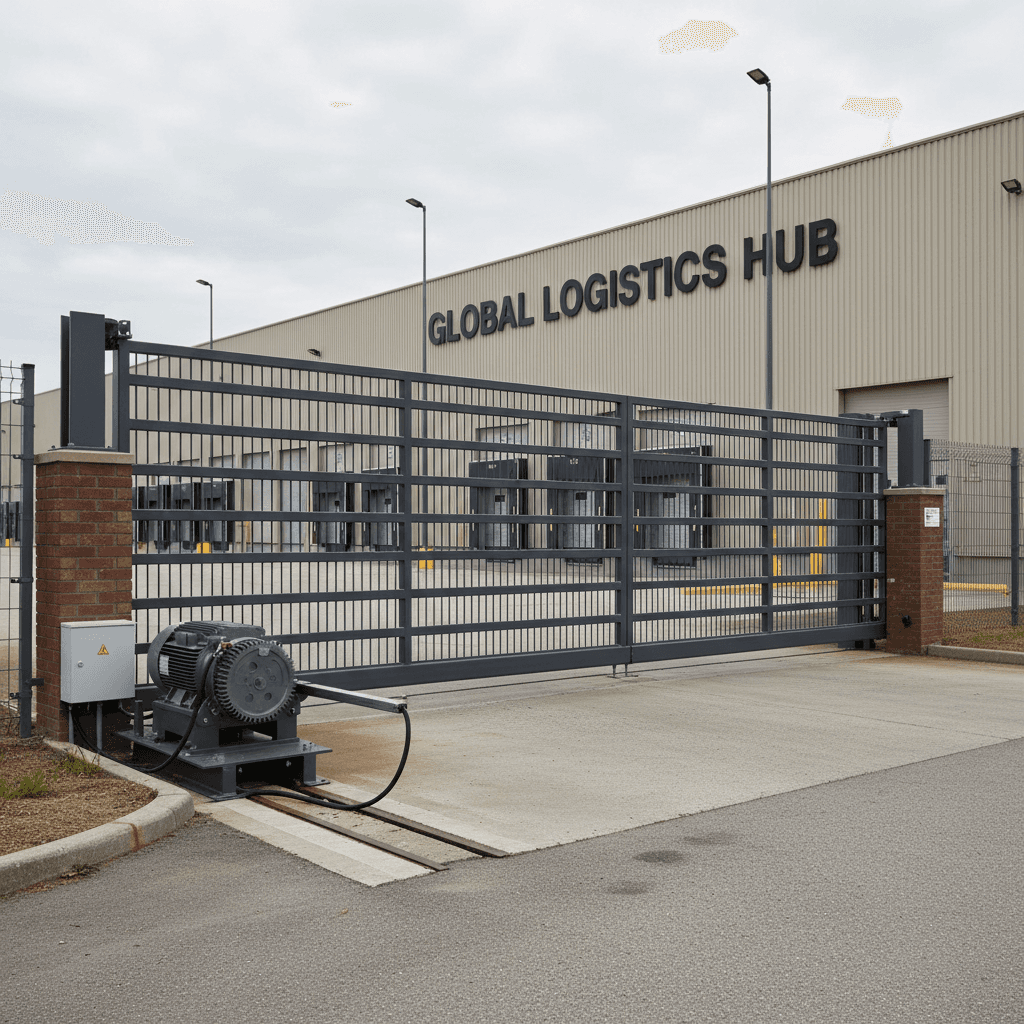 heavy-duty commercial steel gate with automated opener installed at warehouse entrance