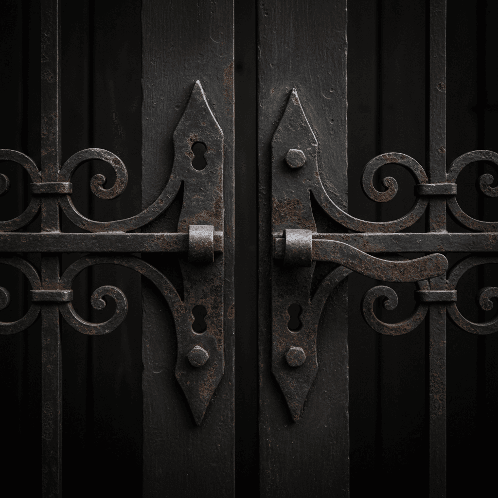 A dark, moody documentary aesthetic close-up shot of wrought iron gate hardware detail, focus on ornamental hinges and latch mechanisms.