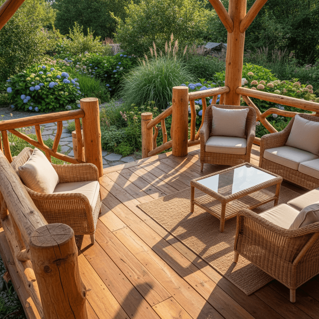 Wood deck with railings showing mature outdoor living space
