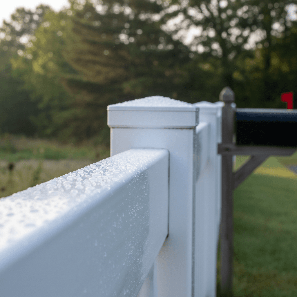 White vinyl fence with dew drops in the morning light