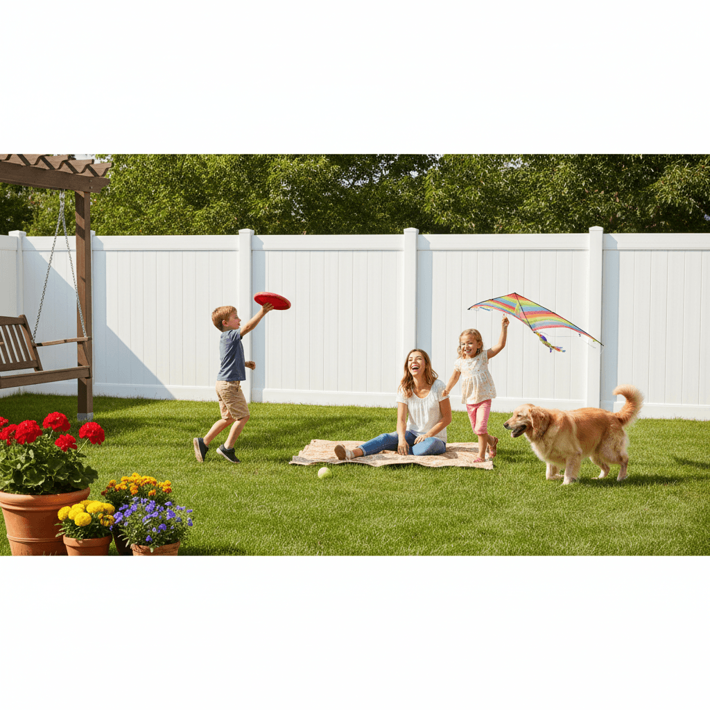 Family relaxing in a backyard enclosed by a vinyl fence