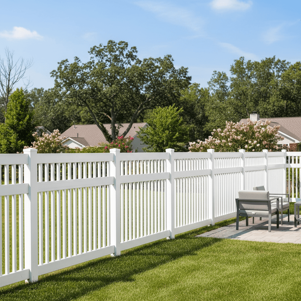 Clean white vinyl fence in a suburban backyard