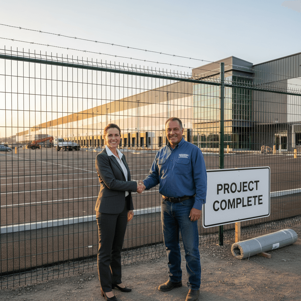 commercial property manager shaking hands with fence contractor after project completion