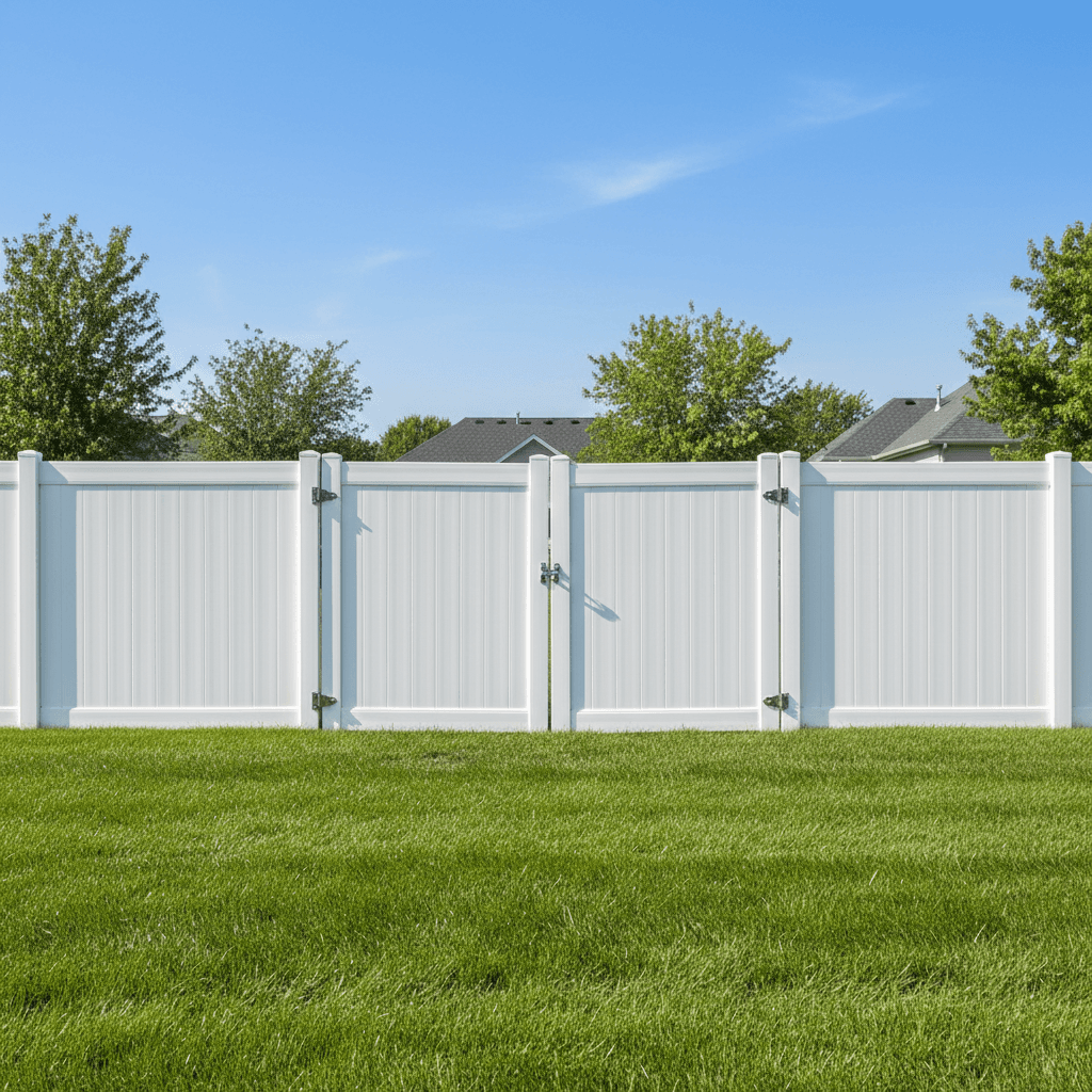 White vinyl privacy fence with a matching gate in a tidy front yard