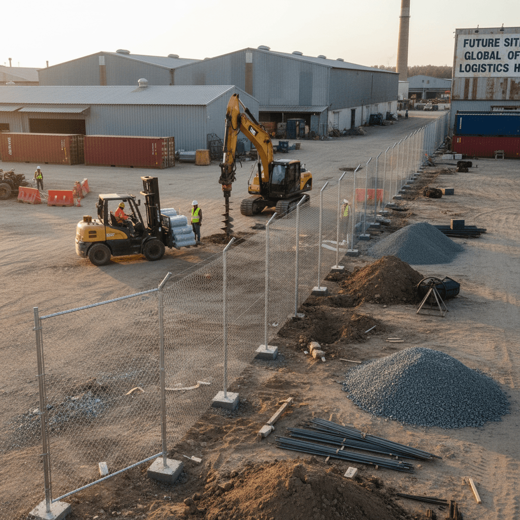Commercial chain link security fence with barbed wire top around industrial warehouse