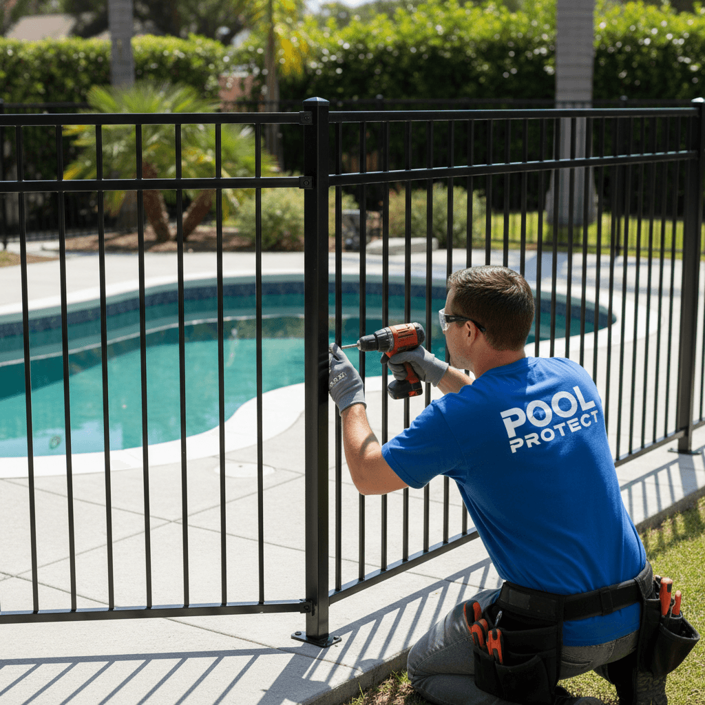 Installer attaching pool fence panels to metal posts with brackets