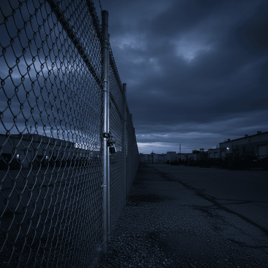 Tall chain link fence surrounding a commercial property at dusk