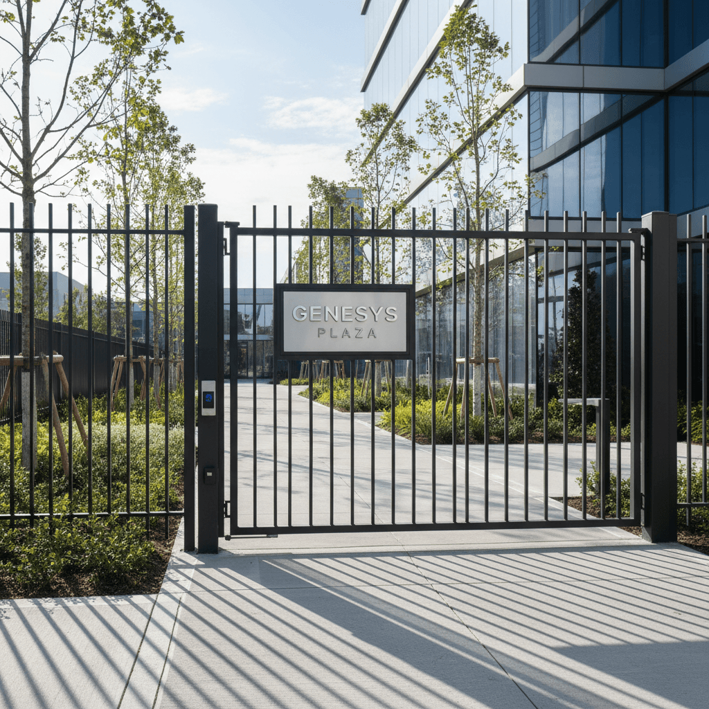 Ornamental wrought iron fence with decorative finials at commercial office park