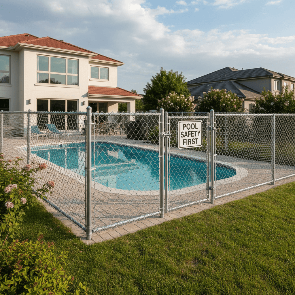 Chain link pool fence installed around pool
