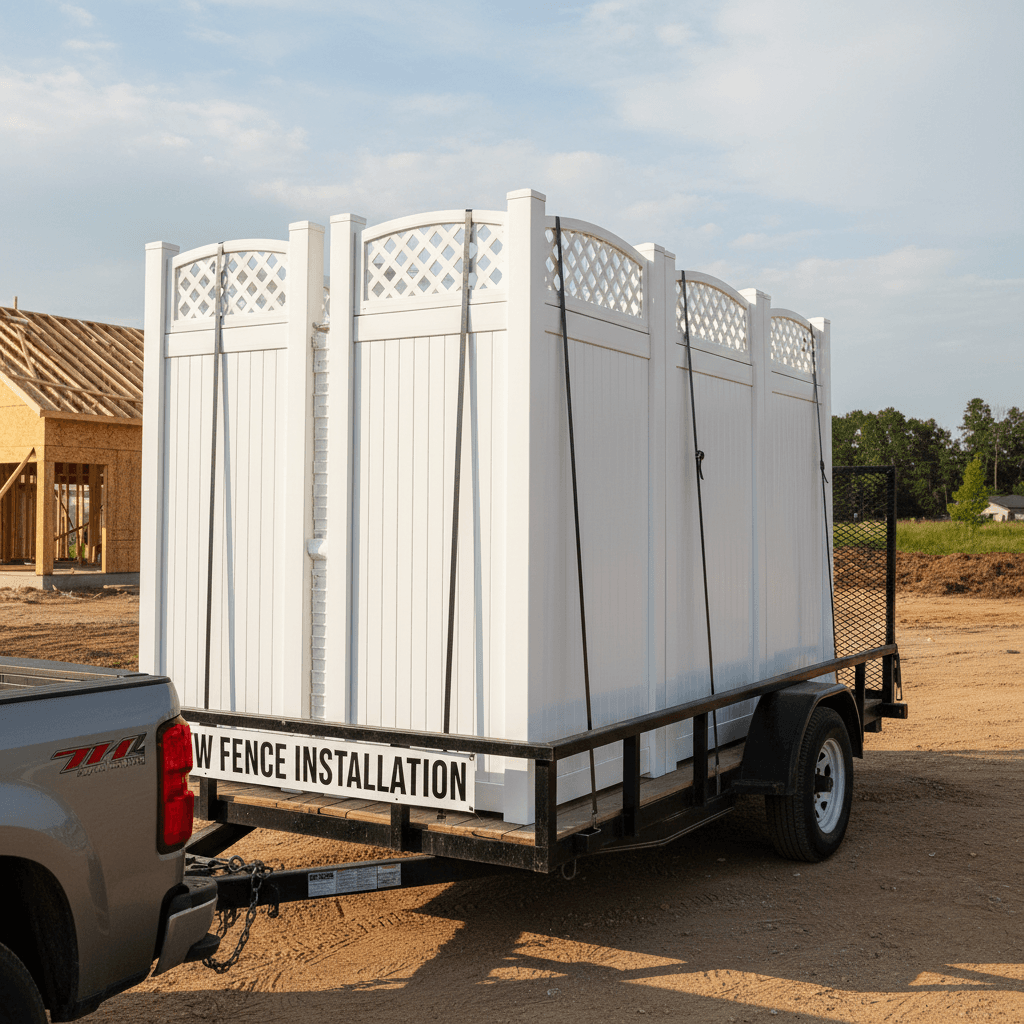Vinyl fence panels stacked on a trailer ready for installation