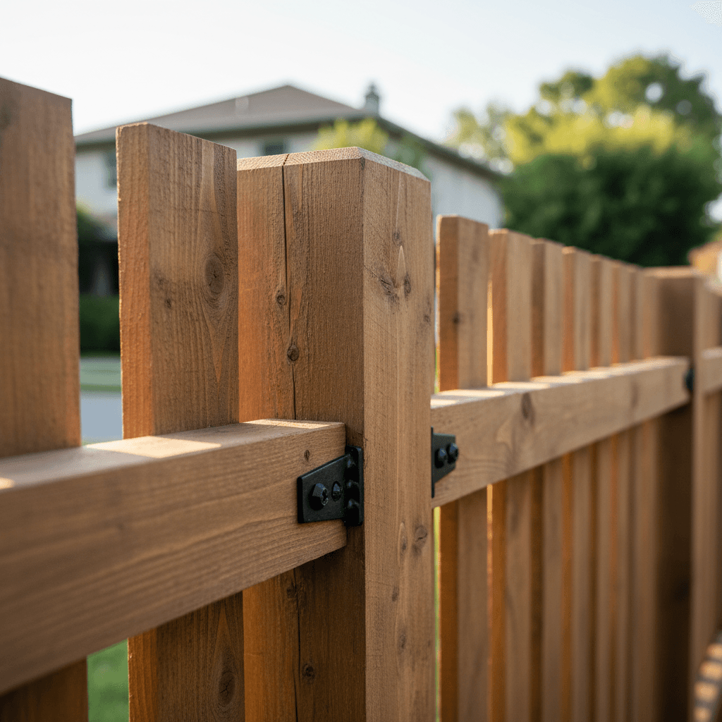 Close-up of custom wooden fence installation showing quality craftsmanship and joinery details
