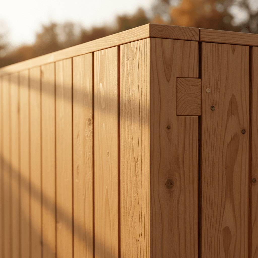 Close-up of premium wood fence installation showing grain detail and joinery