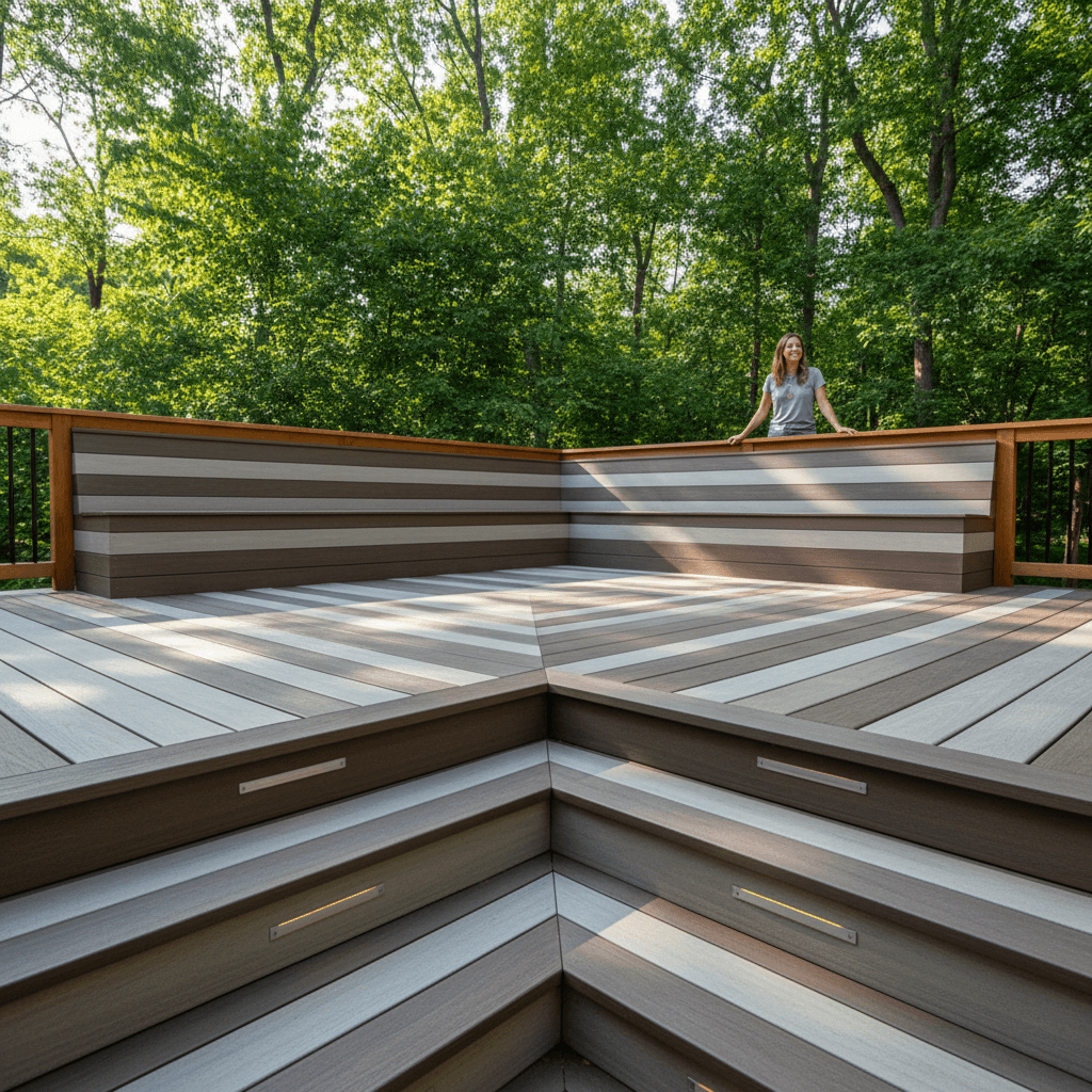 Composite deck with built-in seating and comfortable outdoor space