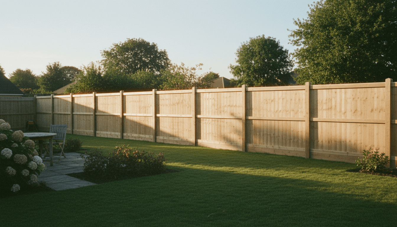 Newly installed wooden privacy fence in a residential backyard