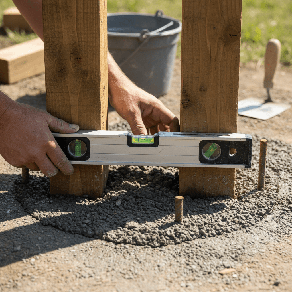 Close-up of a fence post being set in concrete and leveled for a sturdy installation