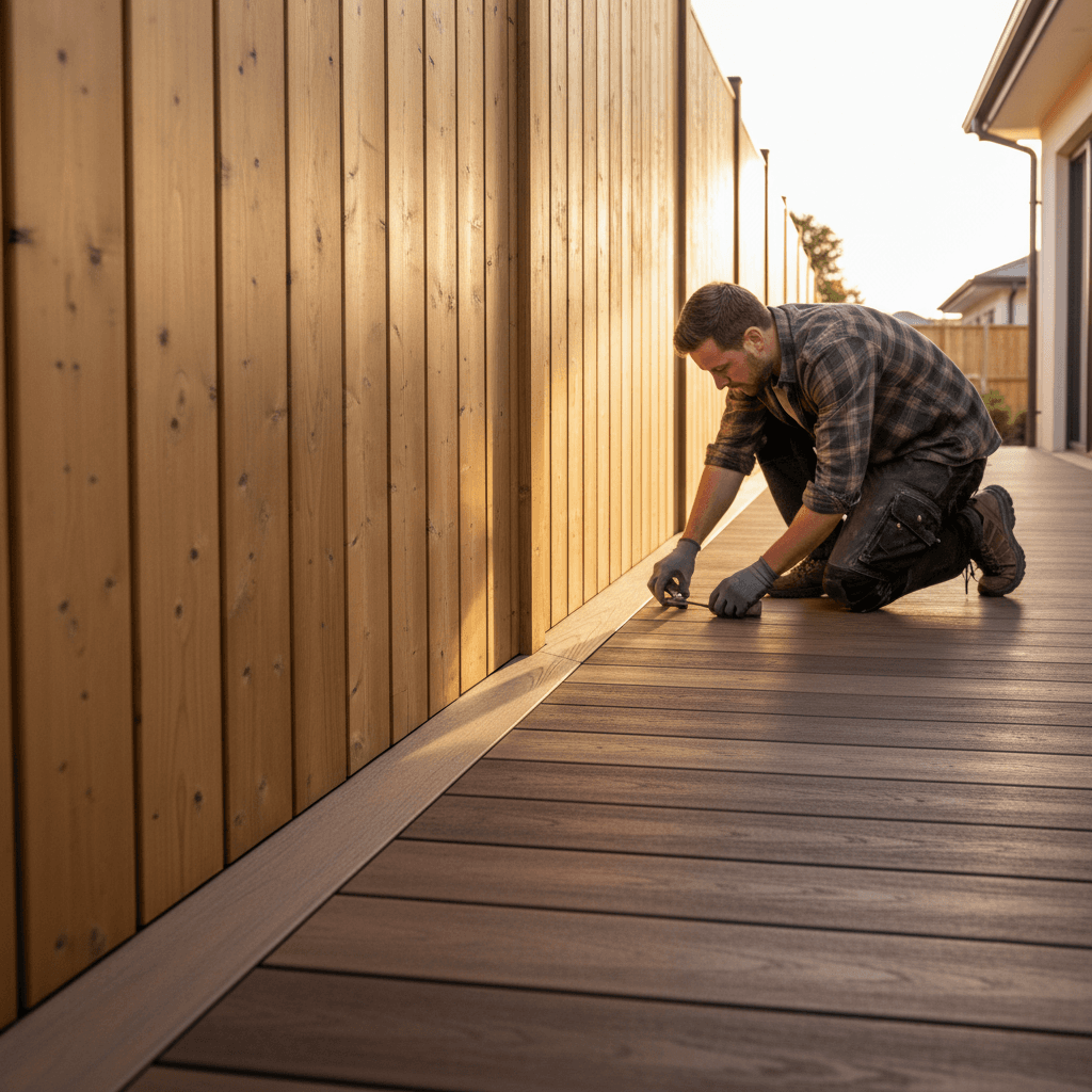 Finished composite deck adjoining a new privacy fence at golden hour