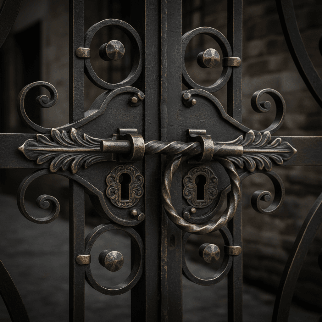 Ornate wrought iron gate hardware and locking detail