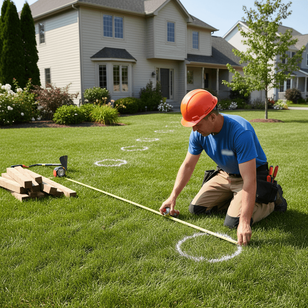 Professional fence installer measuring and marking post hole locations on a residential lawn