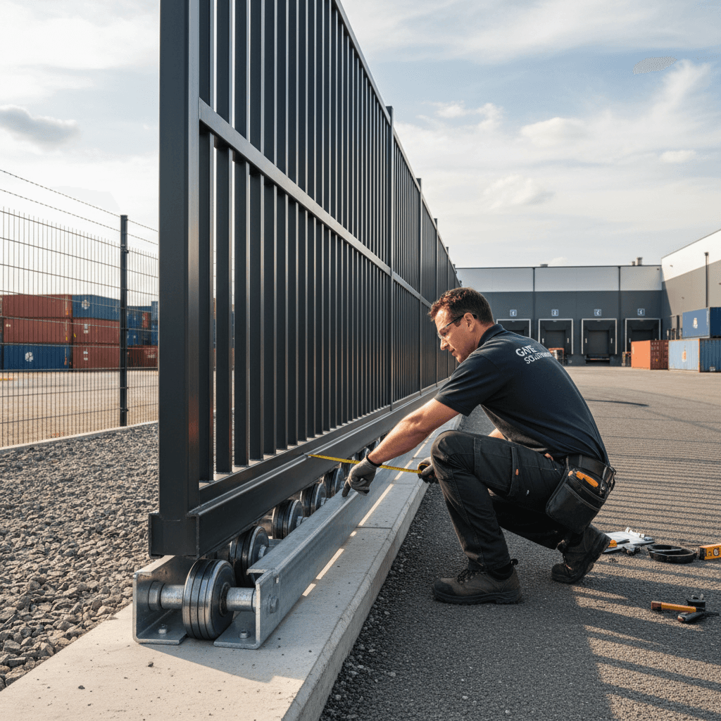 Commercial gate installer inspecting heavy-duty sliding gate track system on industrial property