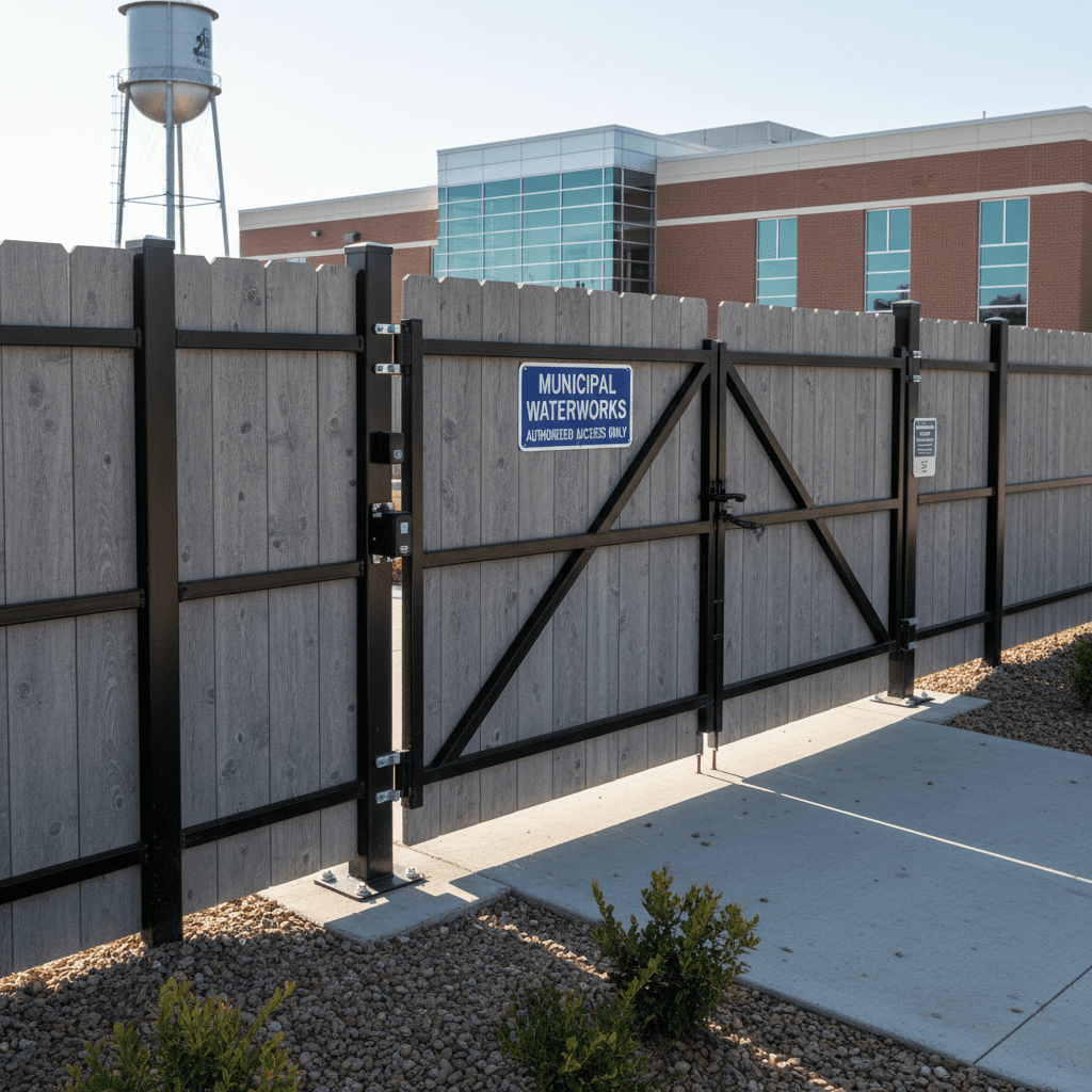 Composite fence with modern horizontal slats at municipal building