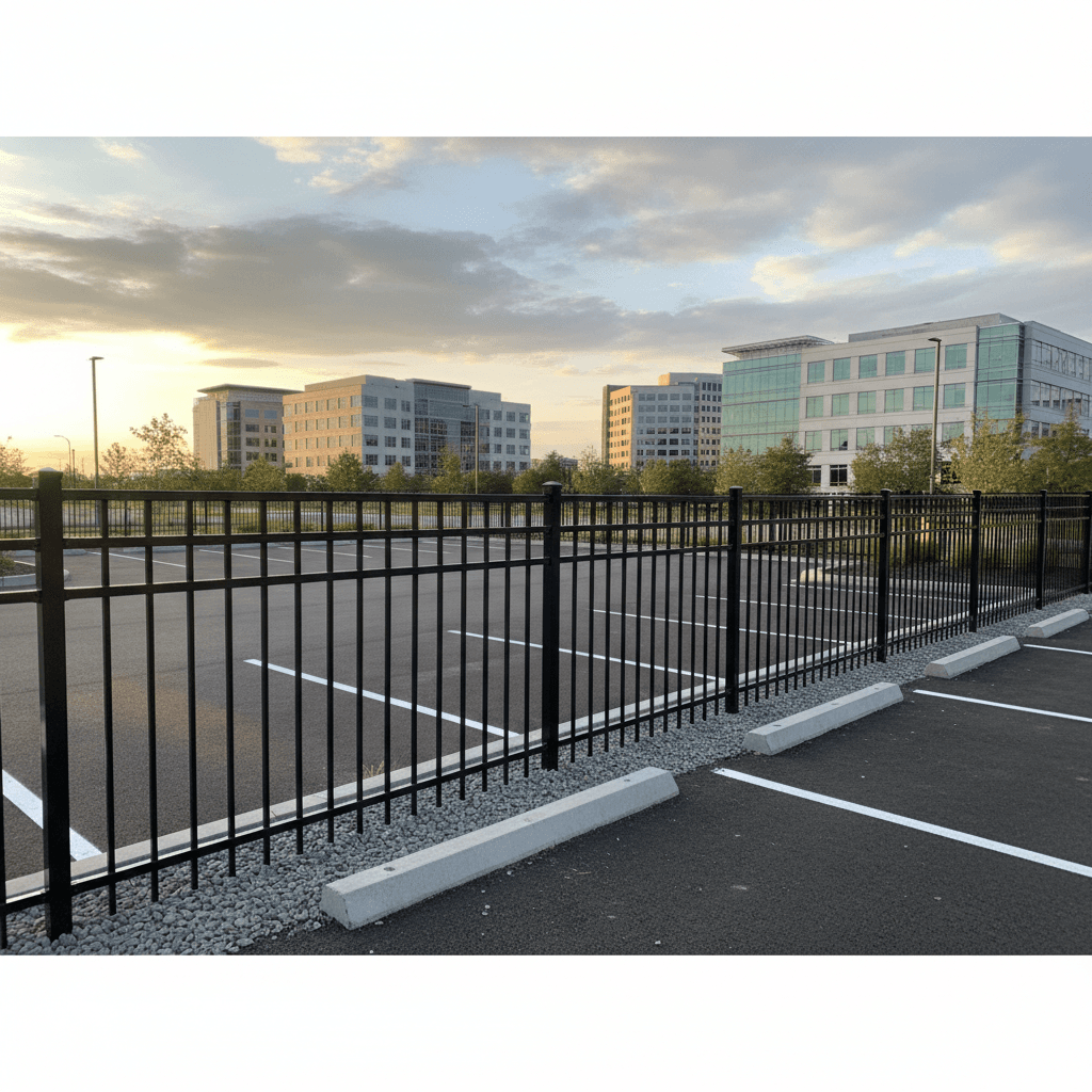 Low-maintenance aluminum fence around commercial parking area in Fort Wayne