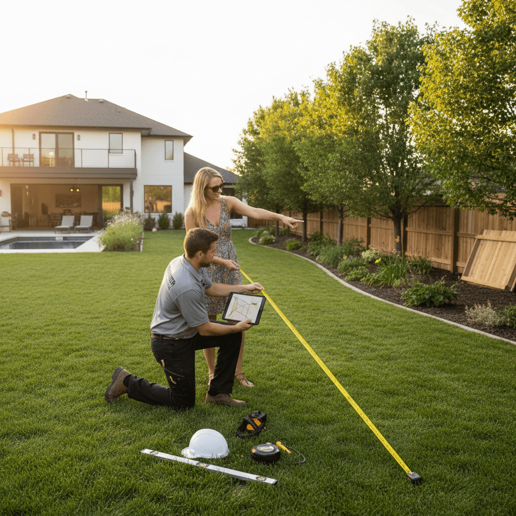 Fencing contractor measuring a backyard during an on-site consultation in Fort Wayne