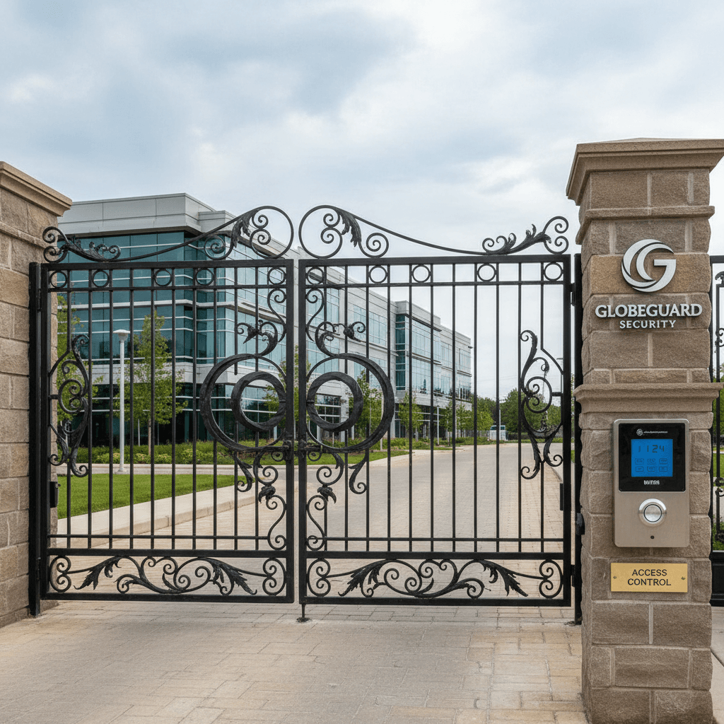 custom ornamental iron gate system with access control keypad at commercial facility