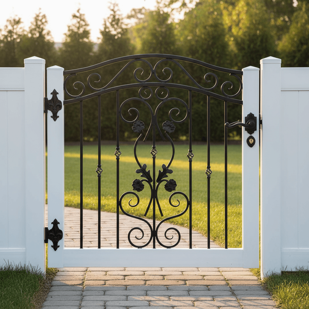 Vinyl fence gate with decorative scrollwork and hardware
