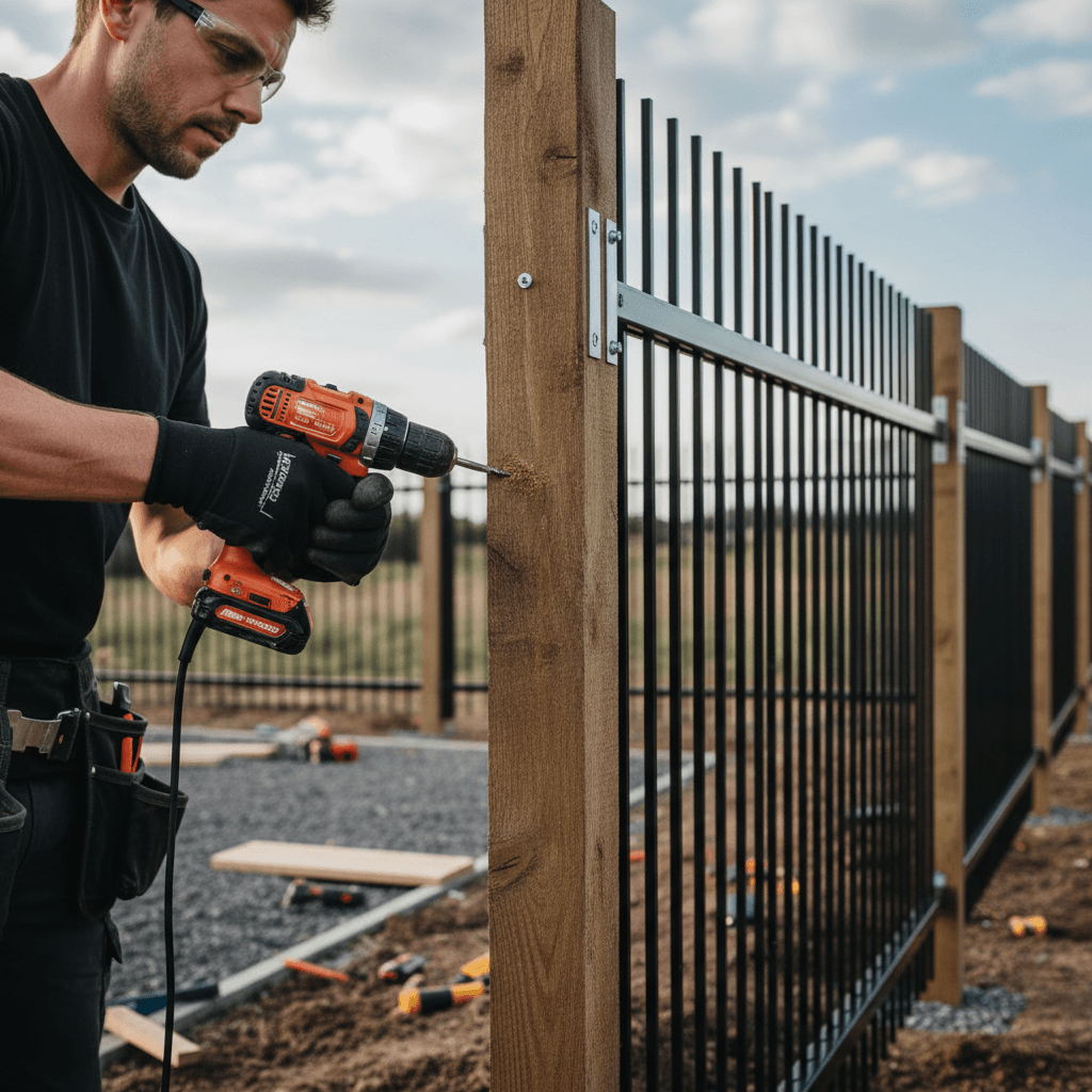 Fencing installer fastening panels to posts with a drill for a secure fit