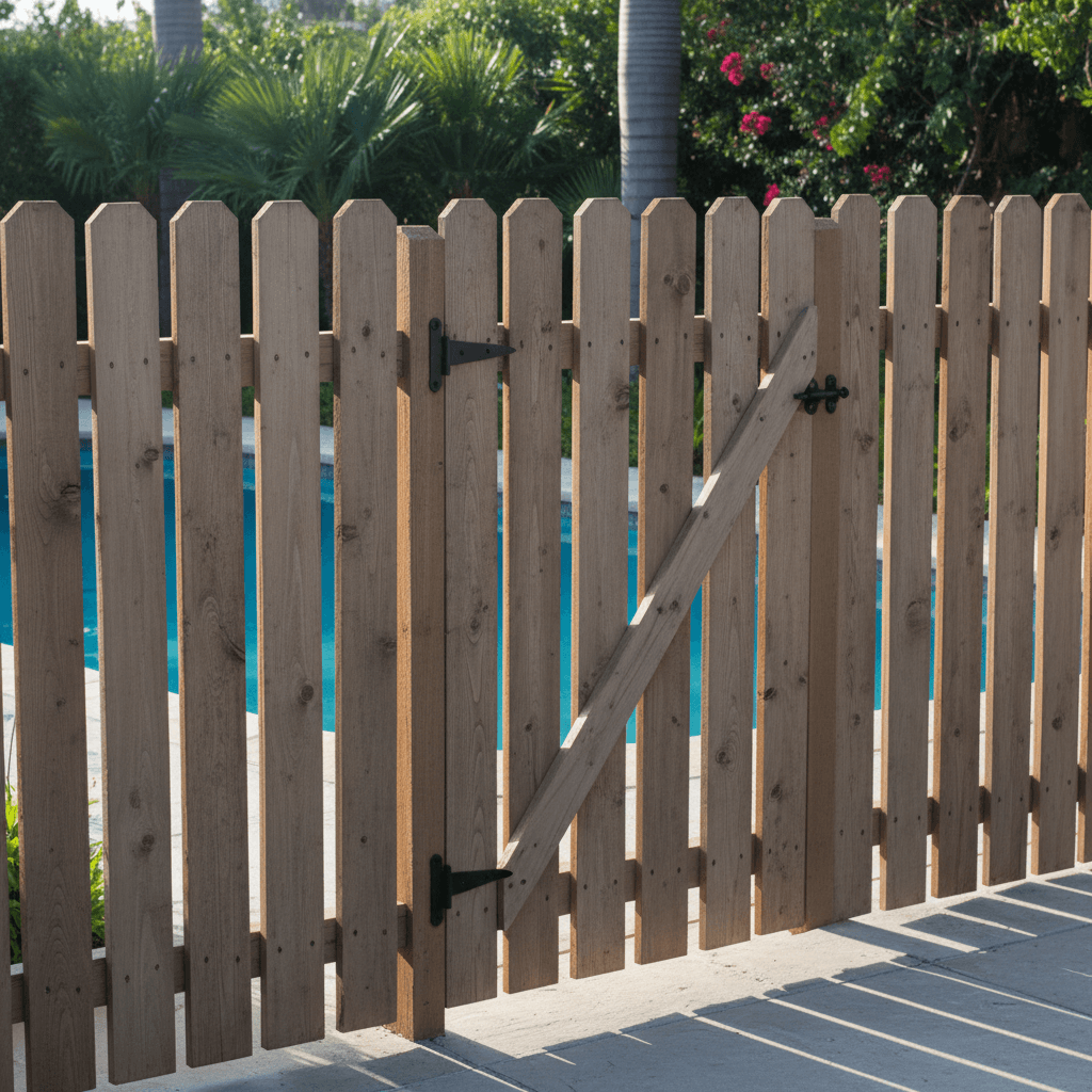 Wood pool fence with vertical pickets and gate