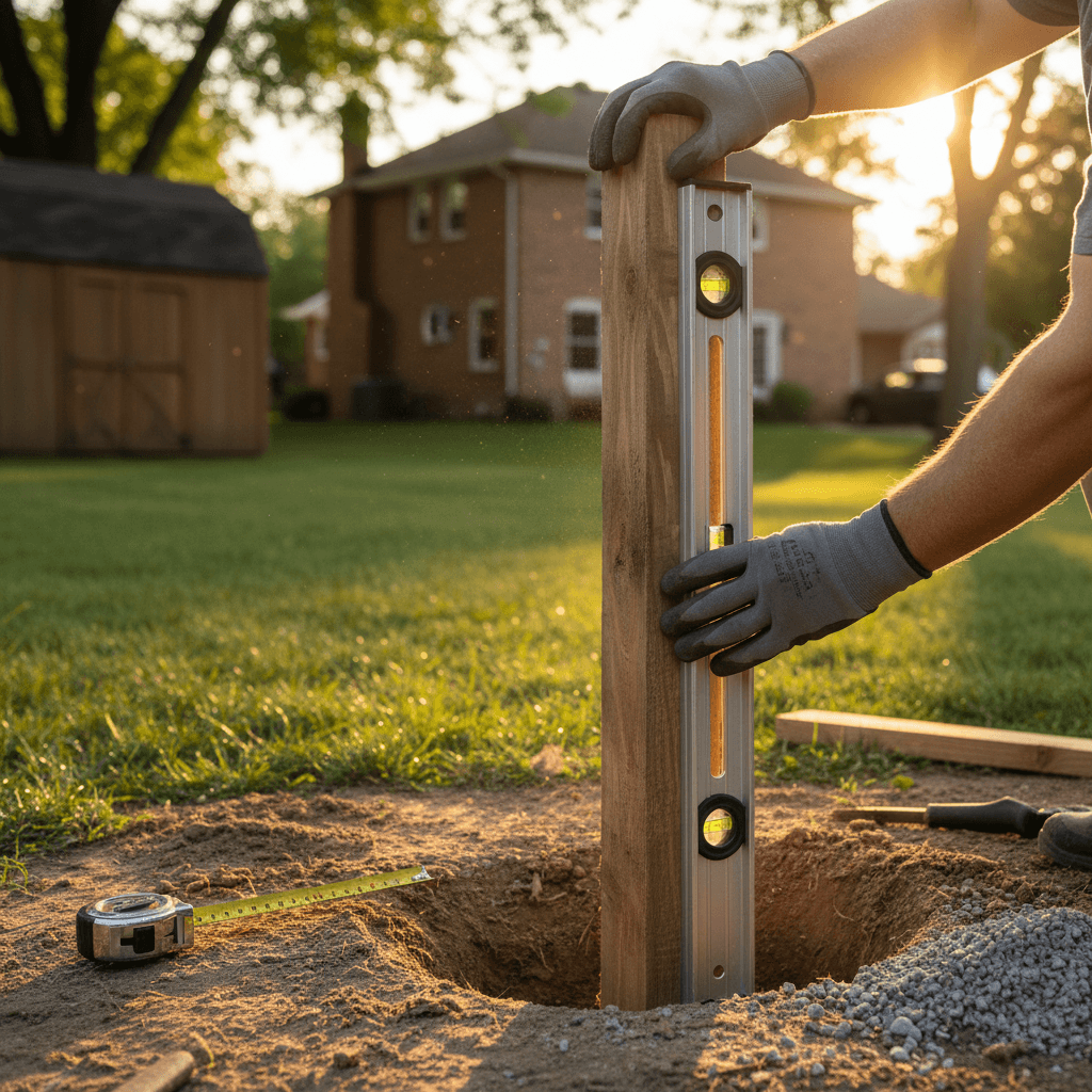 Craftsman's hands setting a wooden fence post with a level in a backyard