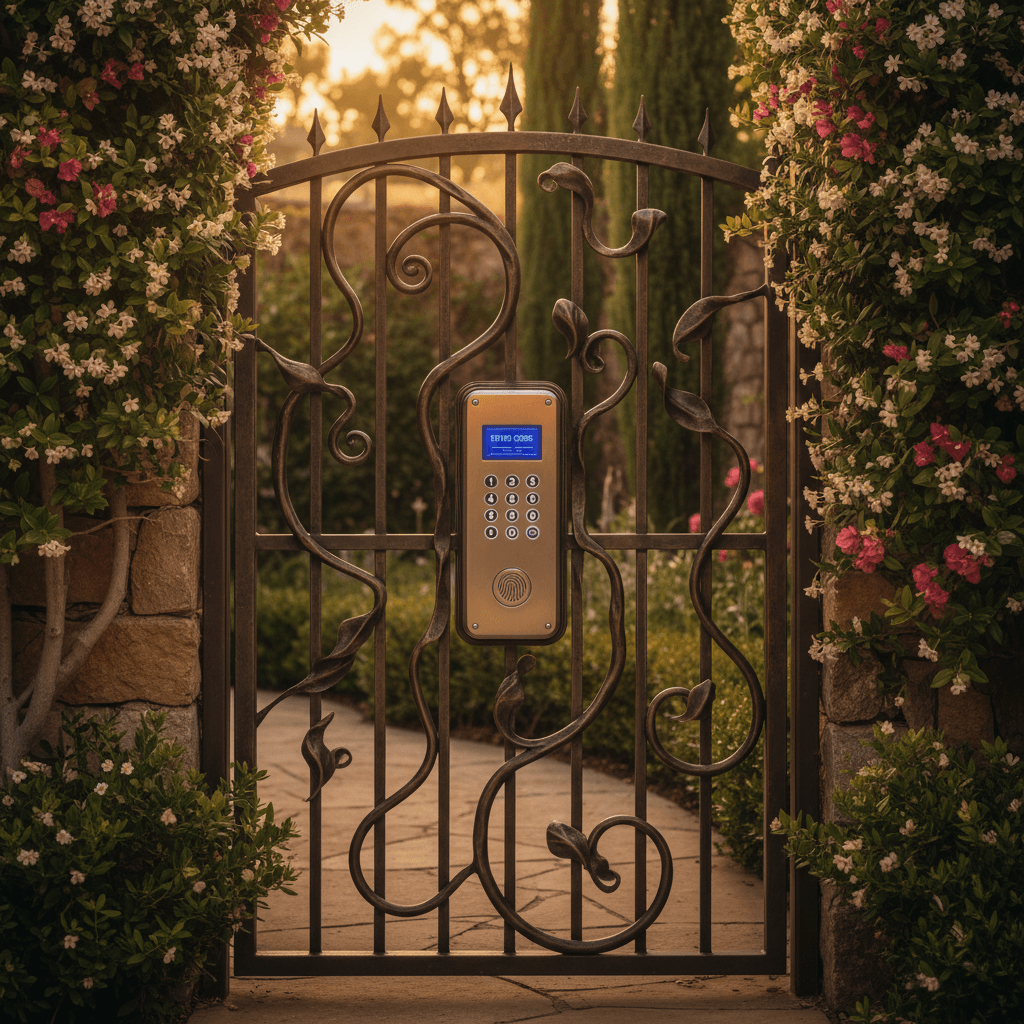 Custom wrought iron residential gate with keypad entry