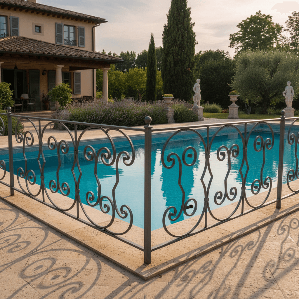 Wrought iron pool fence with decorative scrollwork