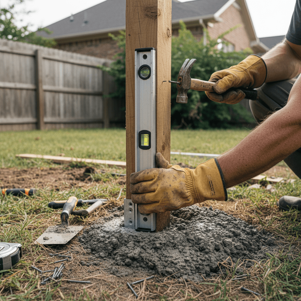 Contractor's hands reinforcing a wooden fence post with a level and new concrete