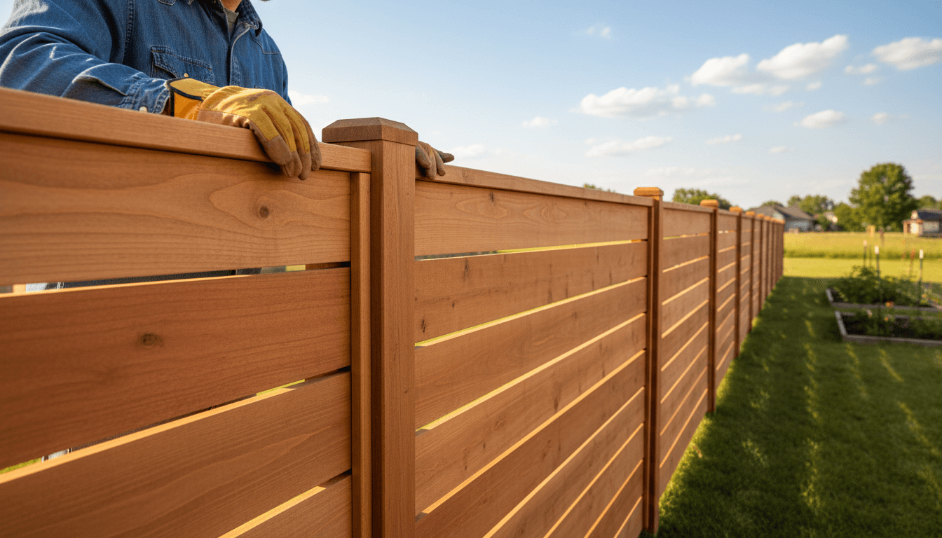 Newly installed cedar privacy fence in a sunny suburban backyard