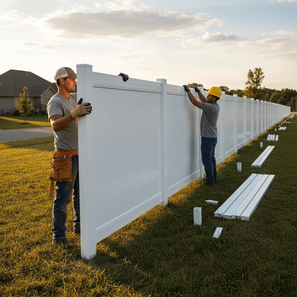 Installers snapping vinyl fence panels together