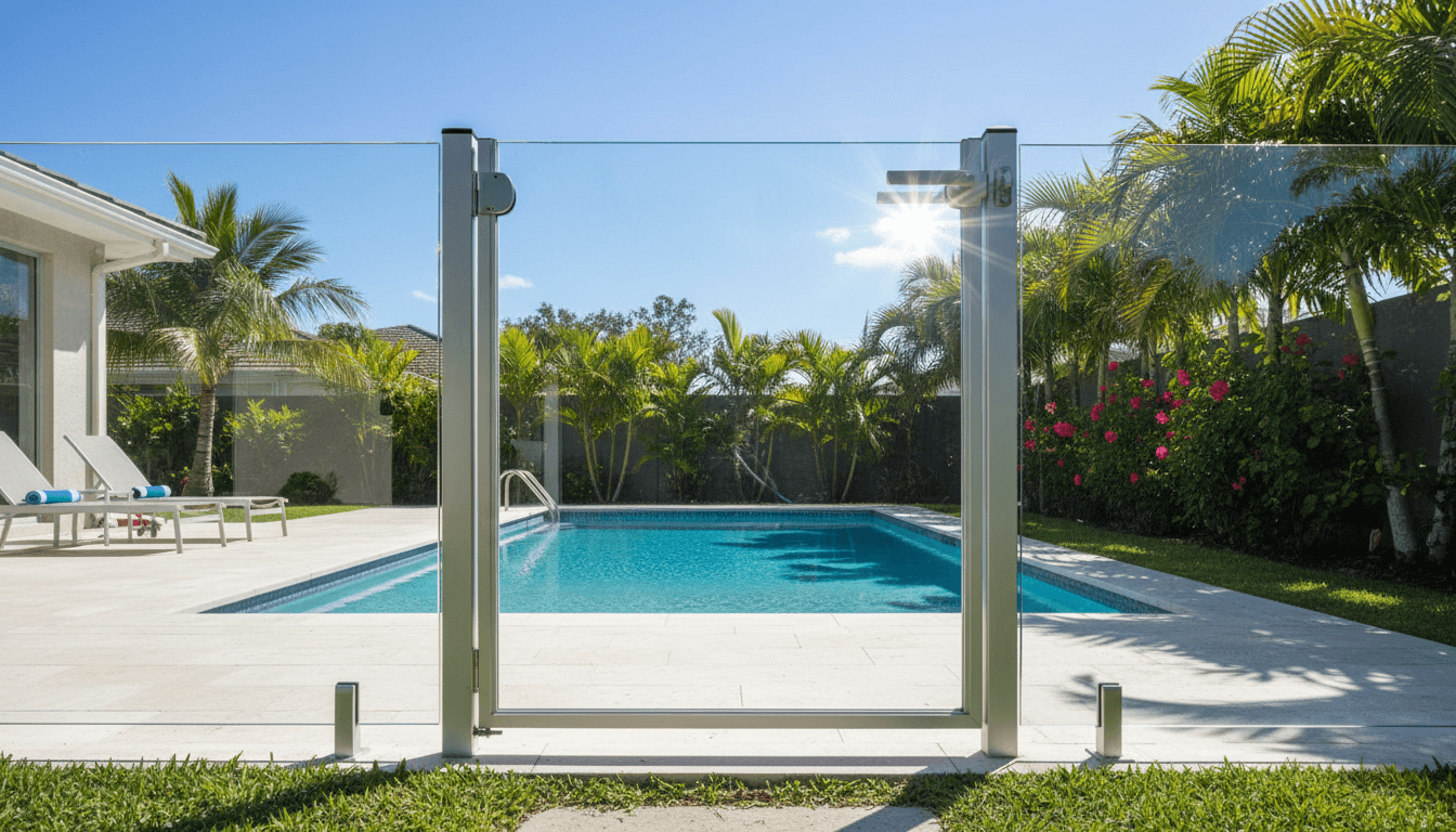 Pool fence gate closed with clear glass panels and aluminum frame in sunny backyard