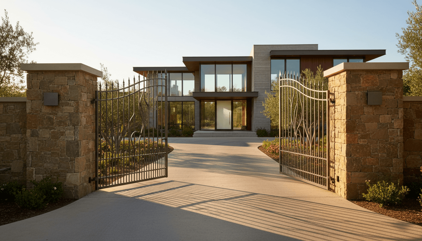 Custom wrought iron driveway gate with stone pillars at a residential home entrance in Fort Wayne