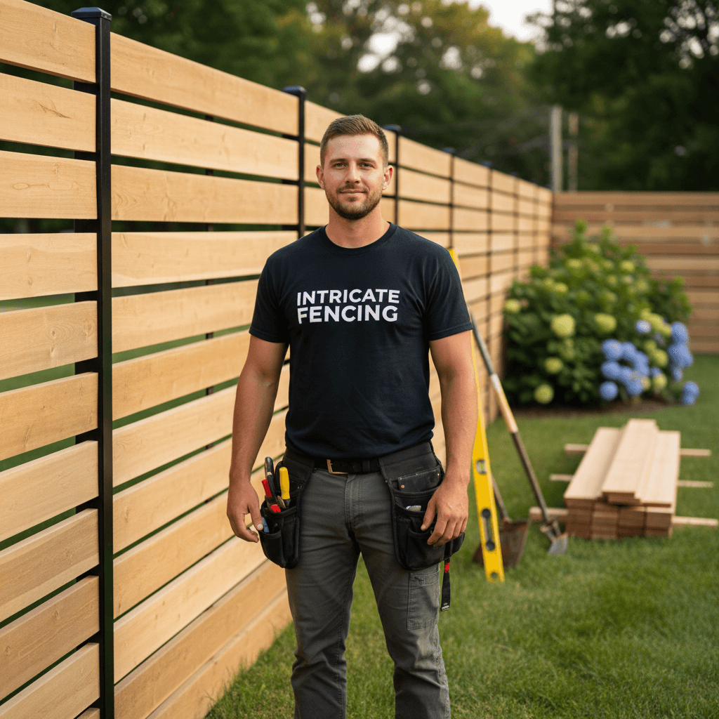 Austin Romines, owner of Intricate Fencing, standing in front of a custom fence