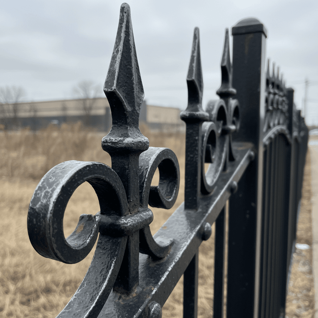 Close-up of a black wrought iron fence showing intricate scrollwork and finials