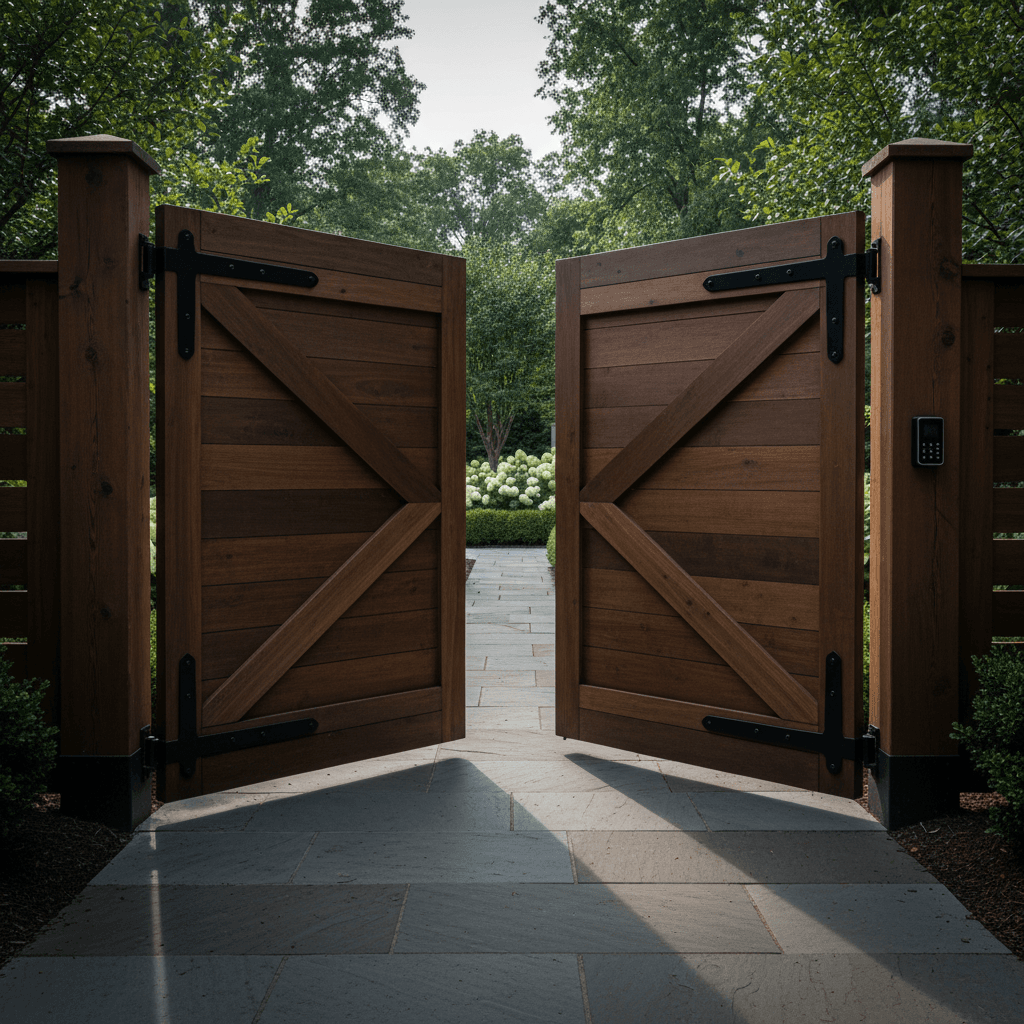Custom wooden driveway gate with modern metal hinges, slightly open
